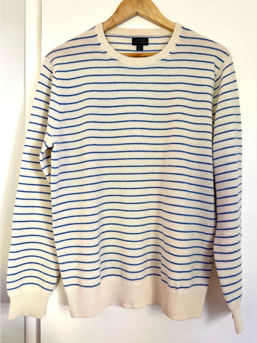 J.Crew Cashmere Stripe Crew Sweater (Men’s Medium, color: Ivory/Sky Blue Stripe)